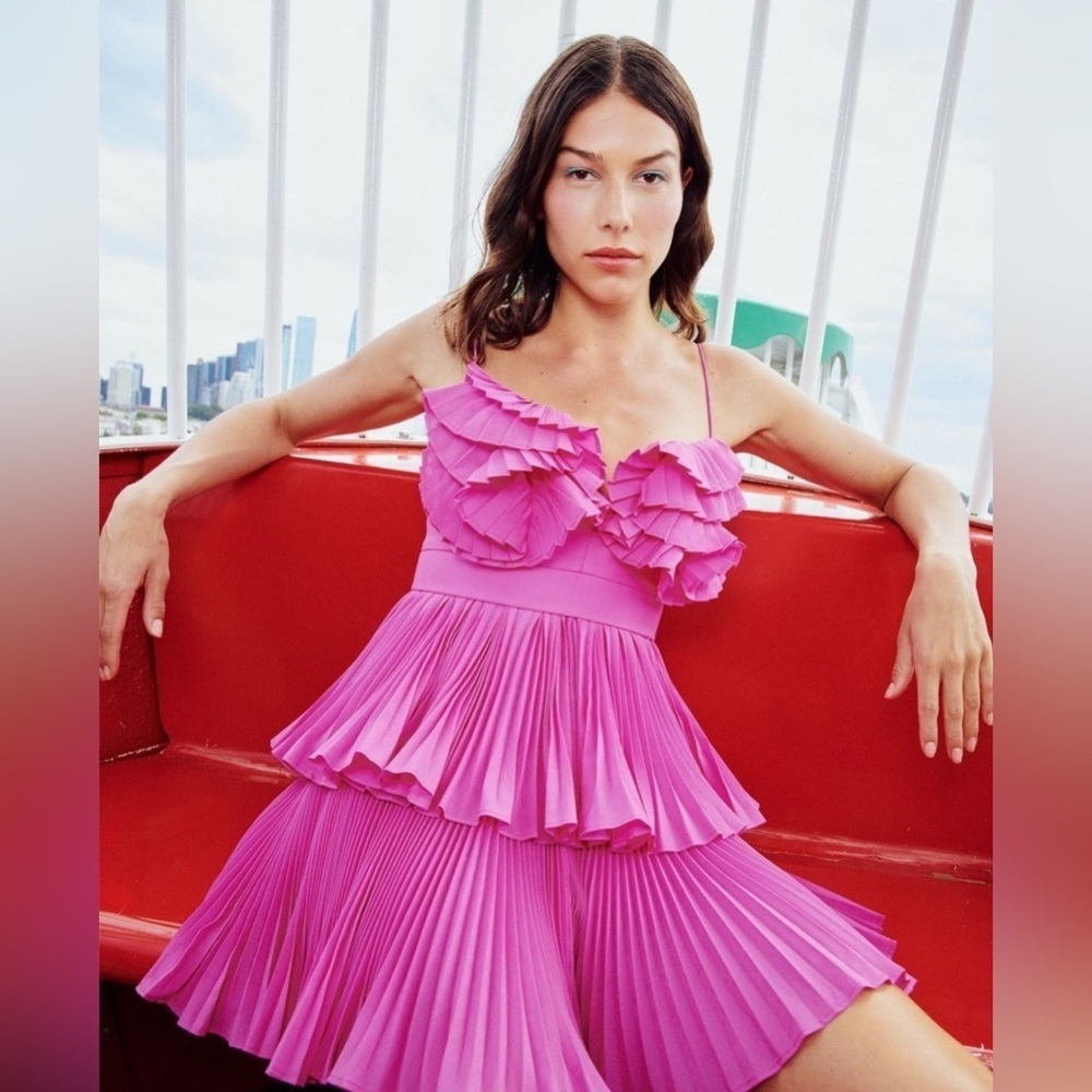 Acler Griffith Pleated Ruffle Midi Dress Pink Size 12 NWT Statement Occasion